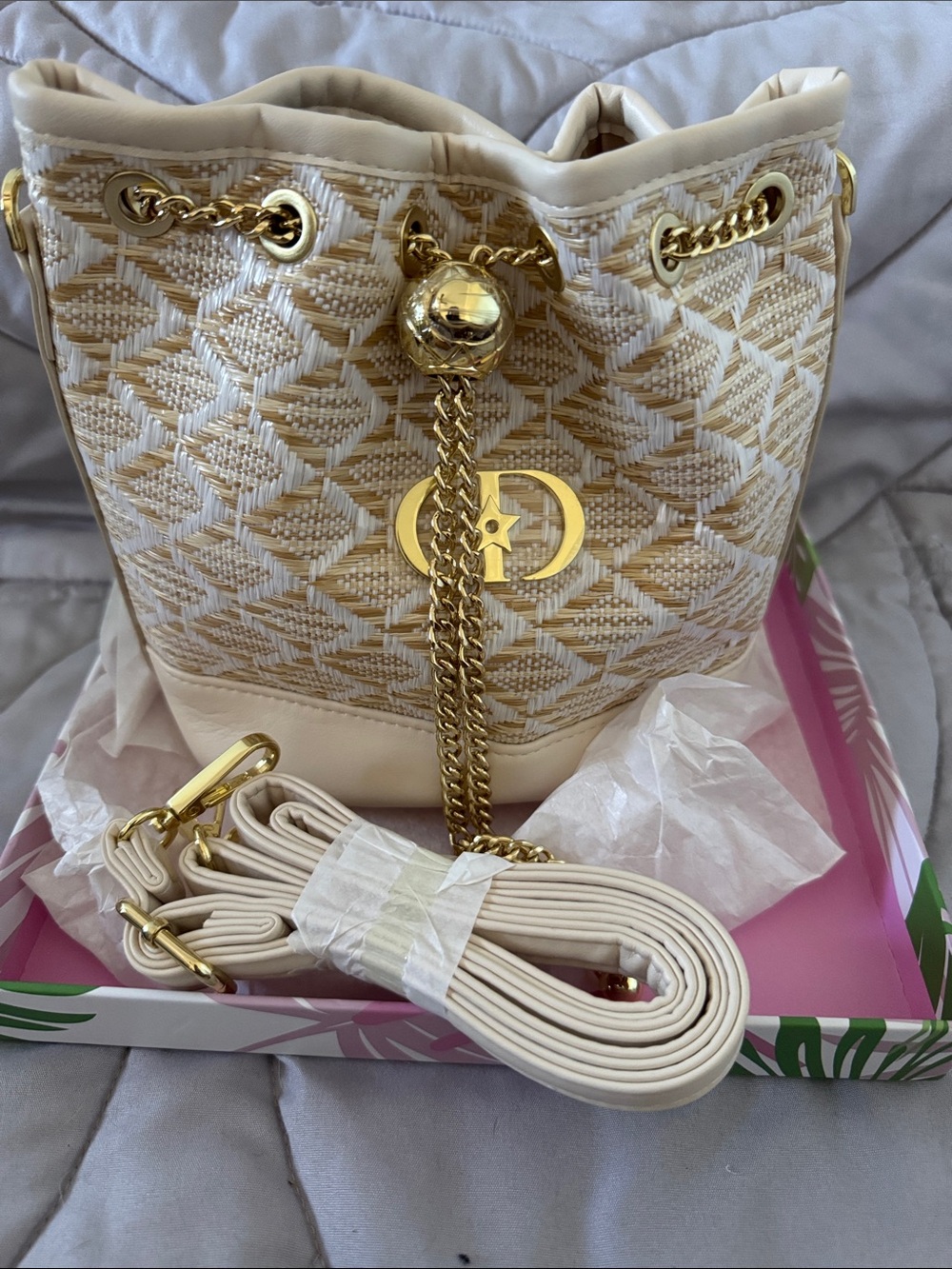 Christian Dior Woven Bucket Bag with Gold Hardware